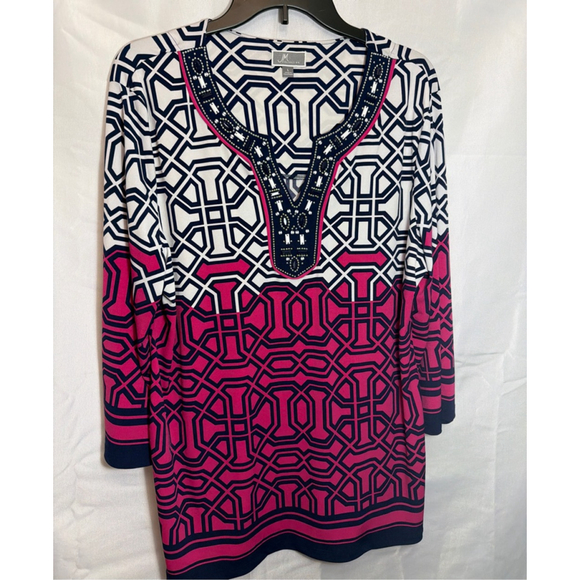 JM Collection Tops - Women’s Geometric Print Beaded Tunic Large JM Collectibles Workwear Resort Style